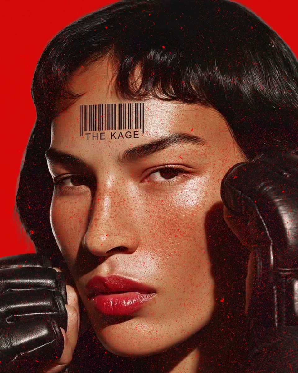 Fighter portrait with a barcode marked "THE KAGE" across the forehead, on a crimson ground.