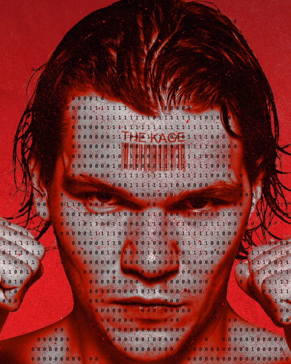 Fighter portrait with a binary-code digital overlay across the forehead, on a crimson ground.