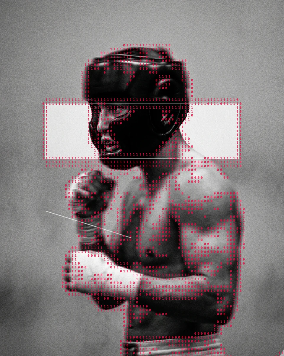 Fighter in boxing headgear and wrapped hands, binary code digitally overlaid across the face and torso.