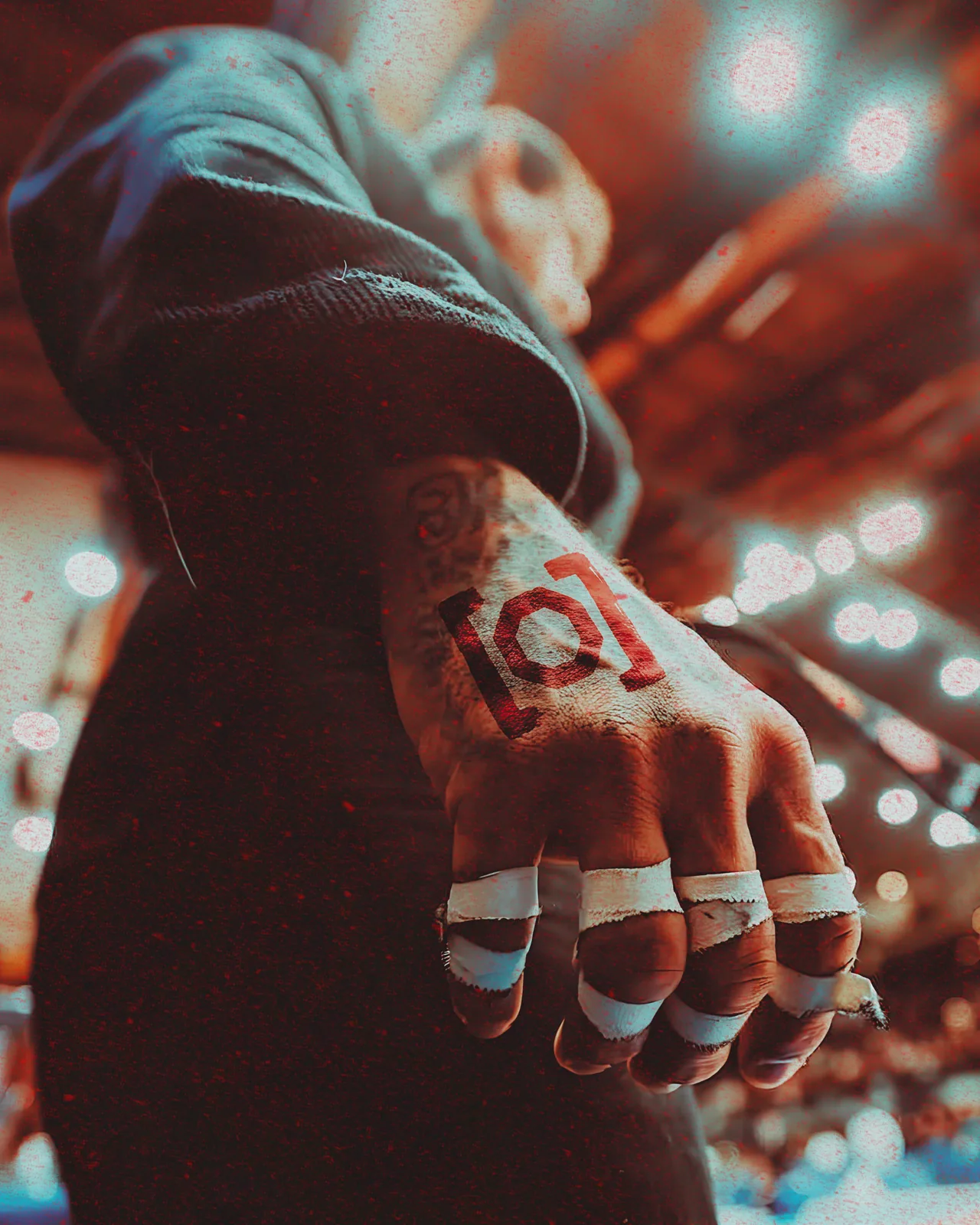 Hooded fighter extending a taped hand marked with THE KAGE octagon-bracket mark, arena lights behind.